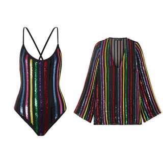 Caroline Constas + Delfina Striped Sequined Swimsuit