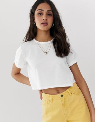 ASOS + Organic Cotton Crop T-Shirt With Roll Sleeve in White