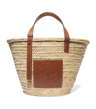 Loewe + Large Leather-Trimmed Woven Raffia Tote