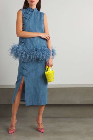 Huishan Zhang + Yubi Feather-Trimmed Knotted Cotton-Blend Chambray Top