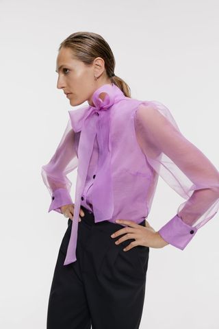 Zara + Organza Blouse With Tie