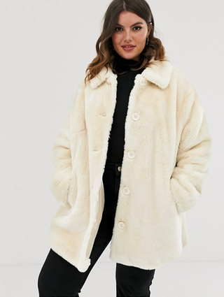 ASOS + Curve Faux Fur Button Through Coat in Cream