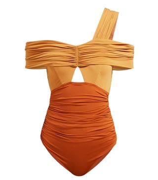 Self-Portrait + Ruched Off-the-Shoulder Swimsuit