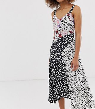 Neon Rose + Midi Cami Dress With Asymmetric Hem in Spot Floral Print