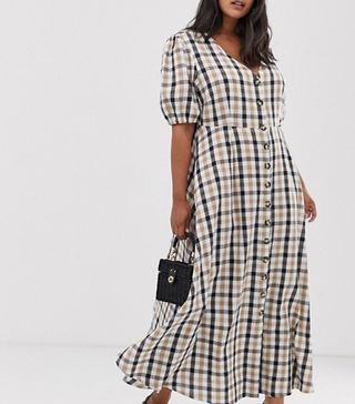 Neon Rose + Maxi Tea Dress With Puff Sleeves in Bold Check