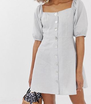 Neon Rose + Button Front Tea Dress With Puff Sleeves in Gingham