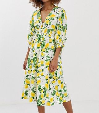 Neon Rose + Tie Front Midi Tea Dress With Shirring in Lemon Print