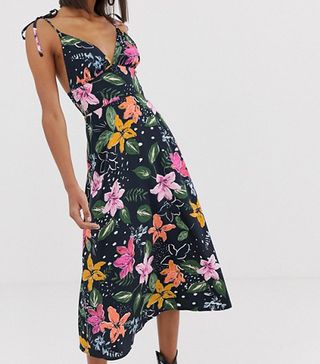 Neon Rose + Midi Cami Dress With Tie Shoulders in Tropical Floral Print