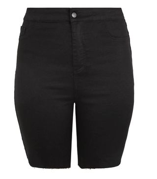 New Look + Curves Black Raw Hem Denim Knee Shorts