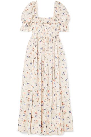 Doen + Sol Shirred Floral-Print Swiss-Dot Cotton-Voile Maxi Dress