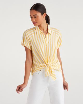 7 For All Mankind + Cap Sleeve Tie Front Shirt in Dandelion and White
