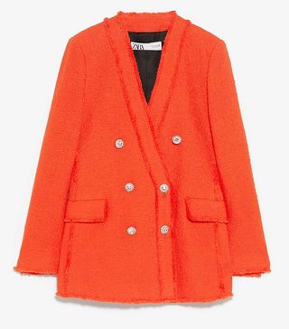 Zara + Tweed Jacket With Gem Button