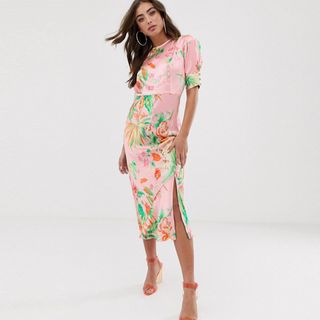 ASOS Design + Bias Midi Dress with Puff Sleeves in Satin Tropical Print