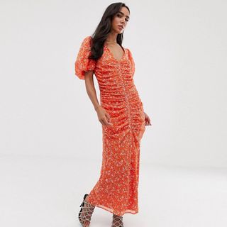ASOS Design + Ruched Maxi Dress in Floral Embroidery