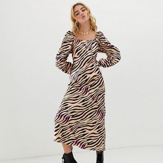 ASOS Design + Bias Cut Maxi Dress in Zebra Print with Long Sleeves