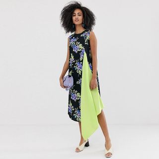 ASOS White + Sleeveless Dress with Lime Pleat Front