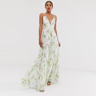 ASOS Design + Tall Maxi Dress with Deep Plunge in Print