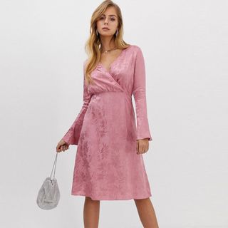 Boohoo + Midi Wrap Dress with Flare Sleeve in Pink Jacquard Satin