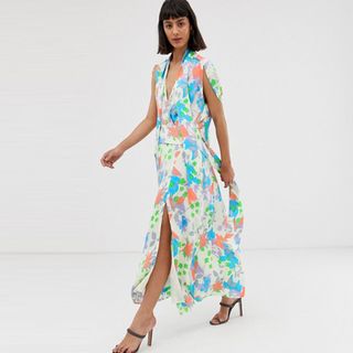 ASOS Design + Plunge Neck Modern Maxi Dress with Cape Sleeves in Floral Print