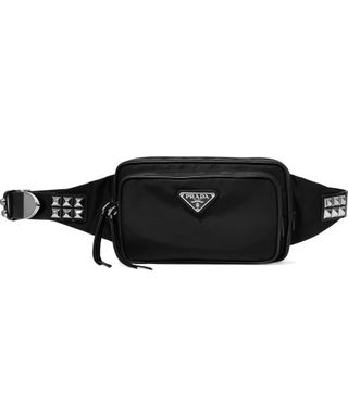 Prada + Vela Studded Leather-Trimmed Shell Belt Bag