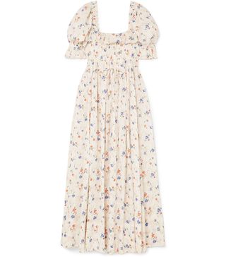 Dôen + Sol Shirred Floral-Print Swiss-Dot Cotton-Voile Maxi Dress