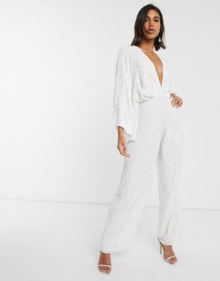 Asos Edition + Beaded Kimono Sleeve Wide Leg Wedding Jumpsuit