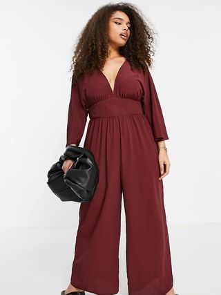 Asos Design + Curve Kimono Sleeve Culotte Jumpsuit in Burgundy