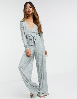 Asos Design + Slinky Wrap Batwing Jumpsuit in Pastel Abstract Print