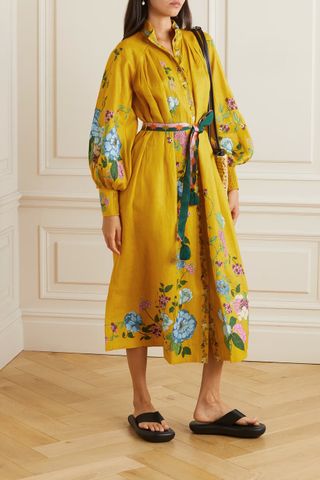 Alémais + Belted Pleated Floral-Print Linen Midi Dress