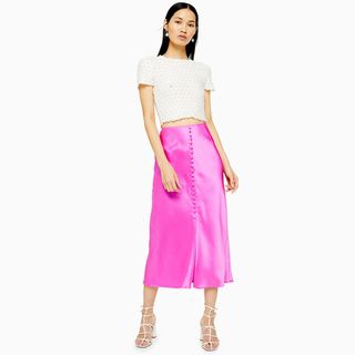 Topshop + Pink Button Through Satin Bias Skirt