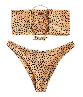 Mzeazrk + Strapless Leopard Lace-Up Beandeau Bikini Set