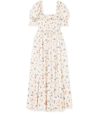 Dôen + Sol Shirred Floral-Print Swiss-Dot Cotton-Voile Maxi Dress