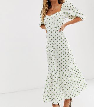 ASOS Design + Sweetheart Neck Tiered Midi Dress in Polka Dot