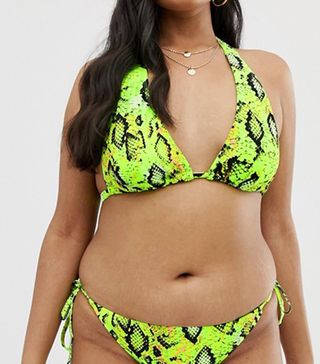 ASOS Design + Curve Mix and Match Halter Triangle Bikini Top in Neon Snake