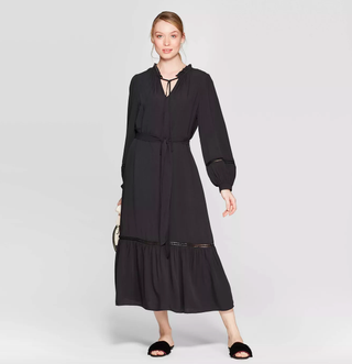 Who What Wear x Target + Eyelet Long Sleeve V-Neck Front Tie Loose Fit Trim Maxi Dress