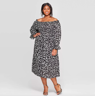 Who What Wear x Target + Floral Print Elbow Sleeve Square Neck Shirred Midi Dress