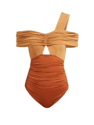 Self-Portrait + Draped Ruched Off-the-Shoulder Swimsuit