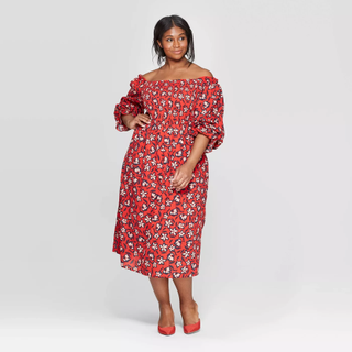 Who What Wear + Floral Print Elbow Sleeve Square Neck Shirred Midi Dress