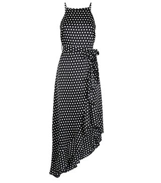 New Look + Black Satin Spot Ruffle Midi Dress