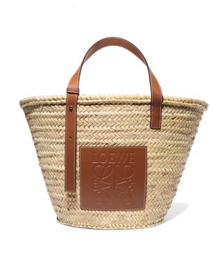 Loewe + Large Leather-Trimmed Woven Raffia Tote