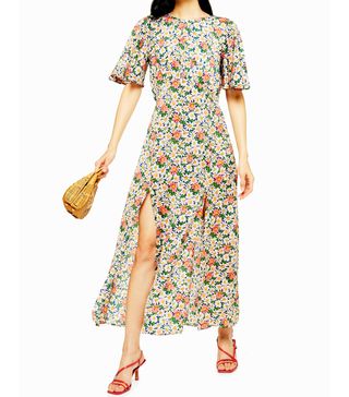 Topshop + Floral Daisy Print Angel Sleeve Midi Dress