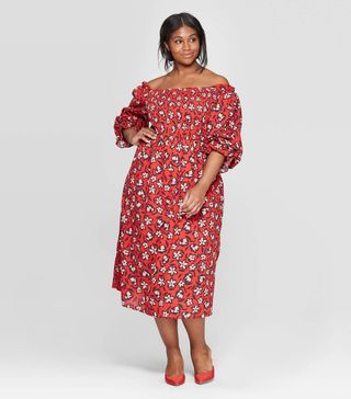 Who What Wear + Floral Print Elbow Sleeve Square Neck Shirred Midi Dress