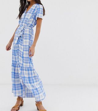 New Look + Tiered Button Through Midi Dress in Blue Check