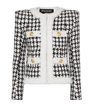 Balmain + Button-Embellished Houndstooth Tweed Blazer