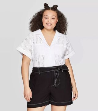 Who What Wear x Target + Short Sleeve Button-Down Eyelet Shirt