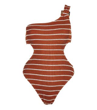 River Island + Brown Stripe One Shoulder Cutout Swimsuit