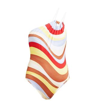 Solid 
Striped + Saree Wave Asymmetric One-Shoulder Swimsuit