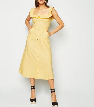 New Look + Pale Yellow Linen Blend Button Front Midi Dress