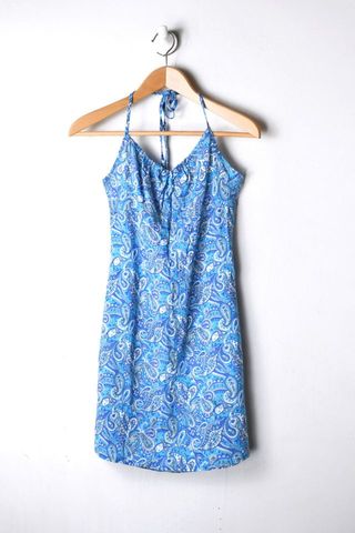 Vintage + Y2k Light-Blue Printed Halter Mini Dress