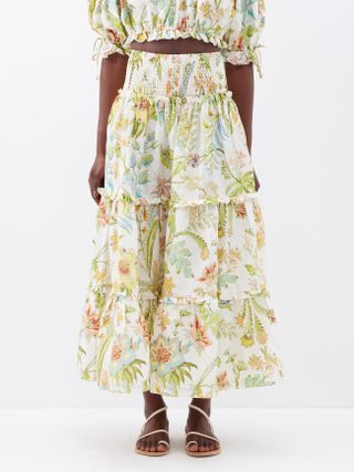 Alémais + Ira Floral-Print Smocked Linen Skirt